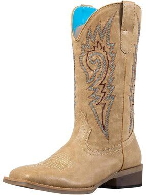 Women's Wide Calf Square Toe Western Boots Beige Embroidery Cowgirl Boots